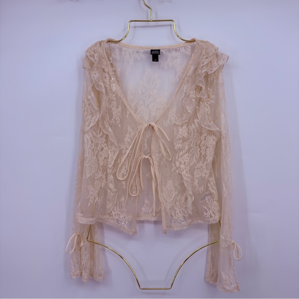 Wild Fable Lace Tie Front Blouse Cream Sheer Boho Top Size M